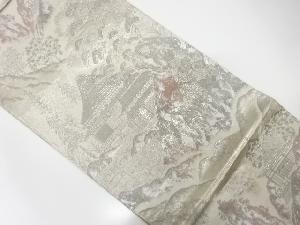 アンティーク　プラチナ箔二重織　寺院風景模様織り出し袋帯（着用可）